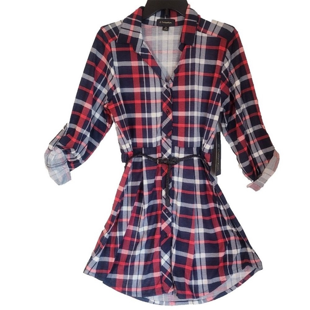 G Collection Plaid Flannel Belted Tunic Shirt Dress Petite Medium Long Sleeves